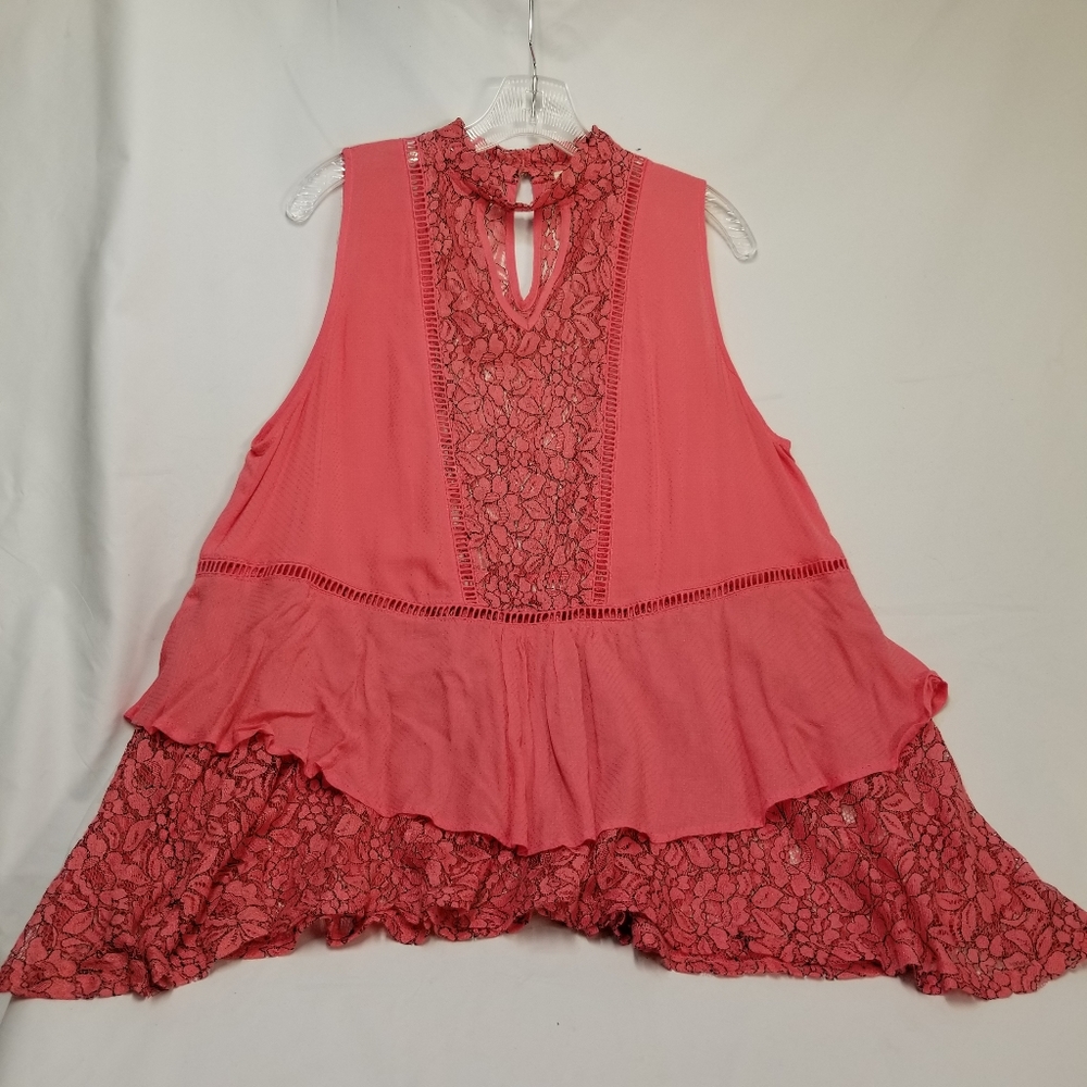 Umgee USA Womans Shirt Tunic Sz L Sleeveless Coral Pink Black Embroidered
